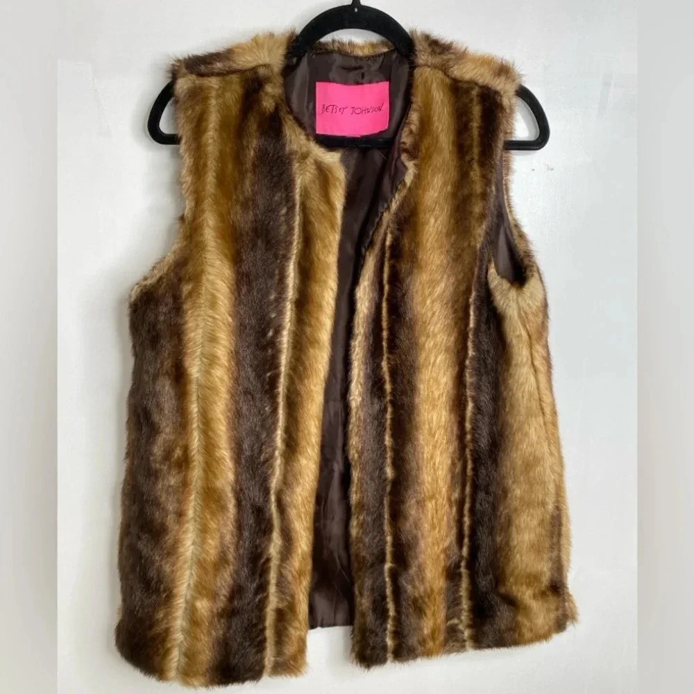 Betsey Johnson Y2K  Rock Glam Chic Brown Faux Fur Striped Vest Punk Goth Size XS